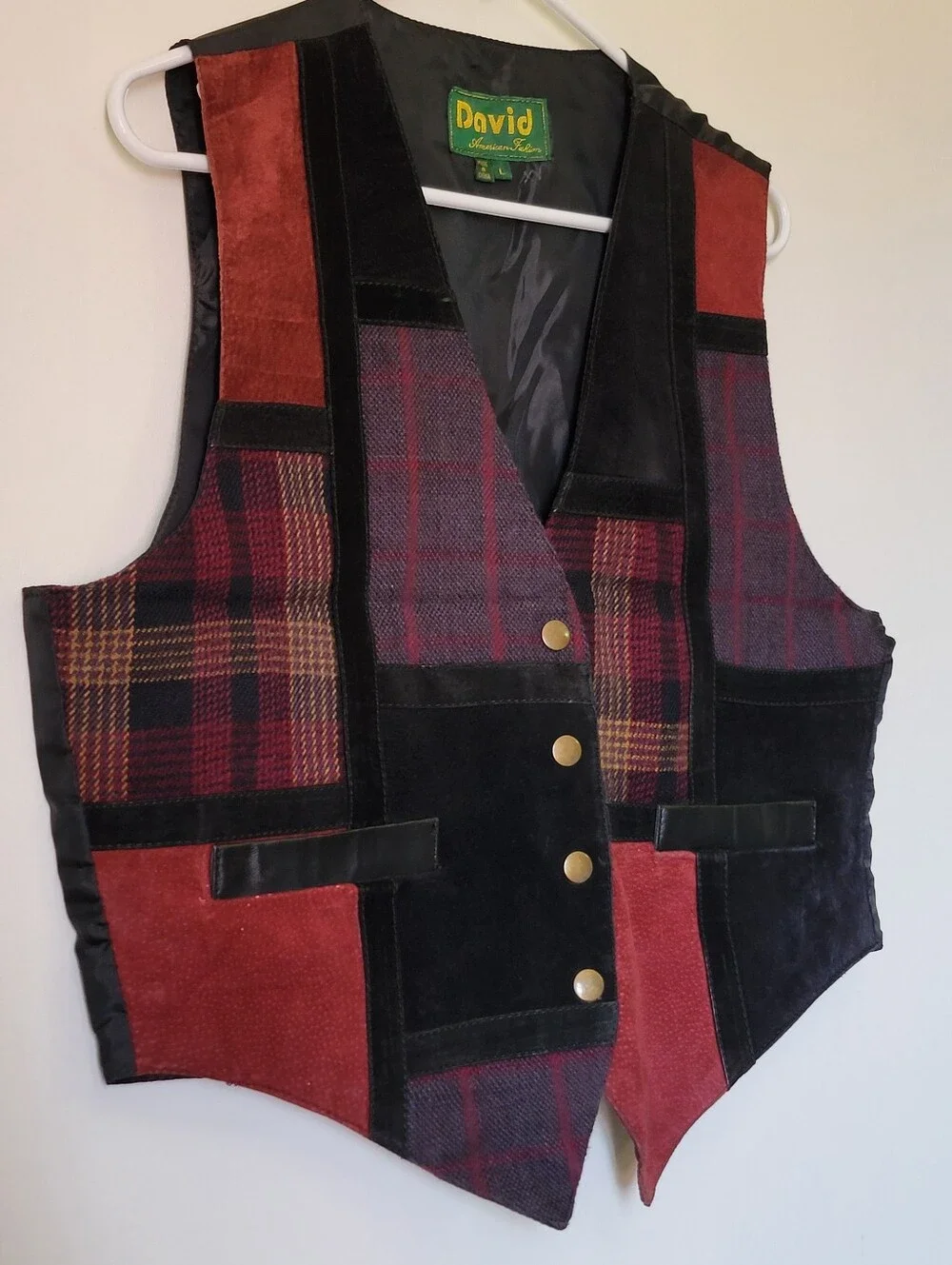 Vintage David American Fashion 90's Patchwork Vest Mixed Media Plaid Suede Sz L